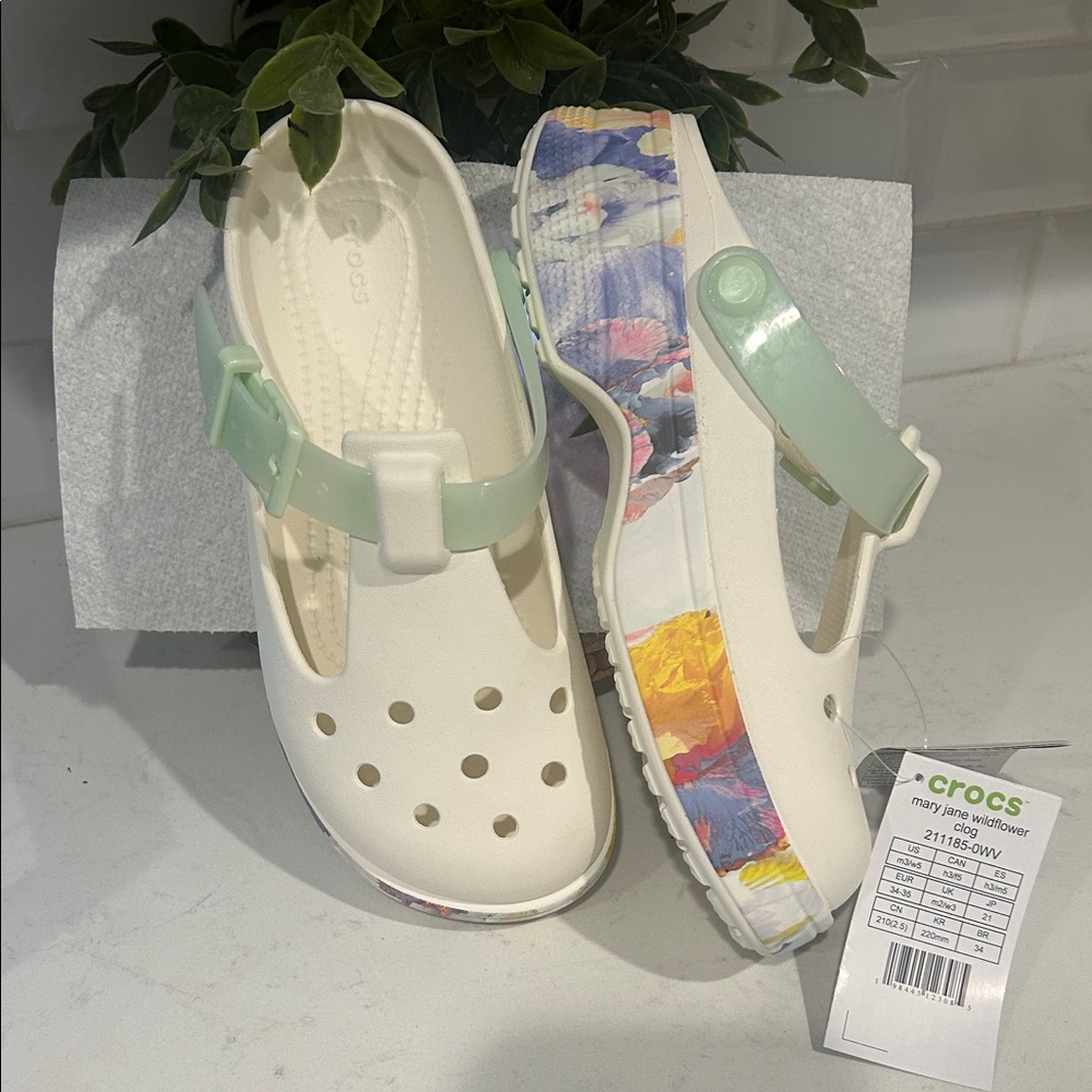 CROCS Mary Jane Platform Clog in White with Mint Strap and Floral Accent